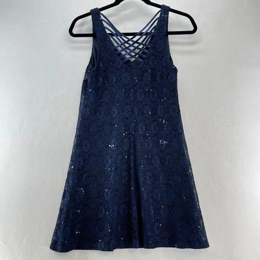 Sequin Hearts Mini Dress Womens Sz S A-Line Floral Lace Overlay Sleeveless Blue - Picture 2 of 10